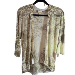 CHICOS CARDIGAN WOMENS SIZE 1 MEDIUM RELAXED TAN GREEN LIGHTWEIGHT PAISLEY NWOT